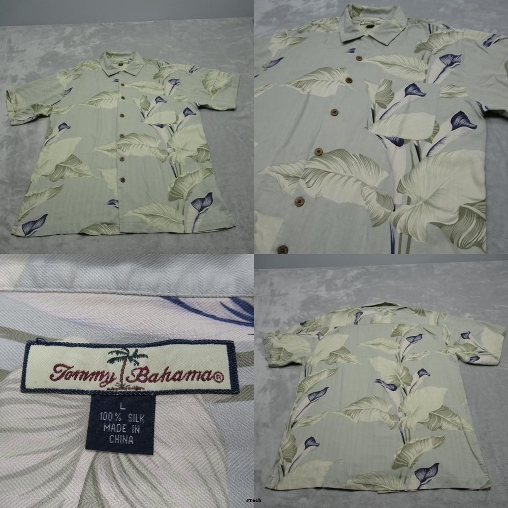 Tommy Bahama Silk Shirt Mens Large Green Floral Hawaiian Short Sleeve Button‎ Up